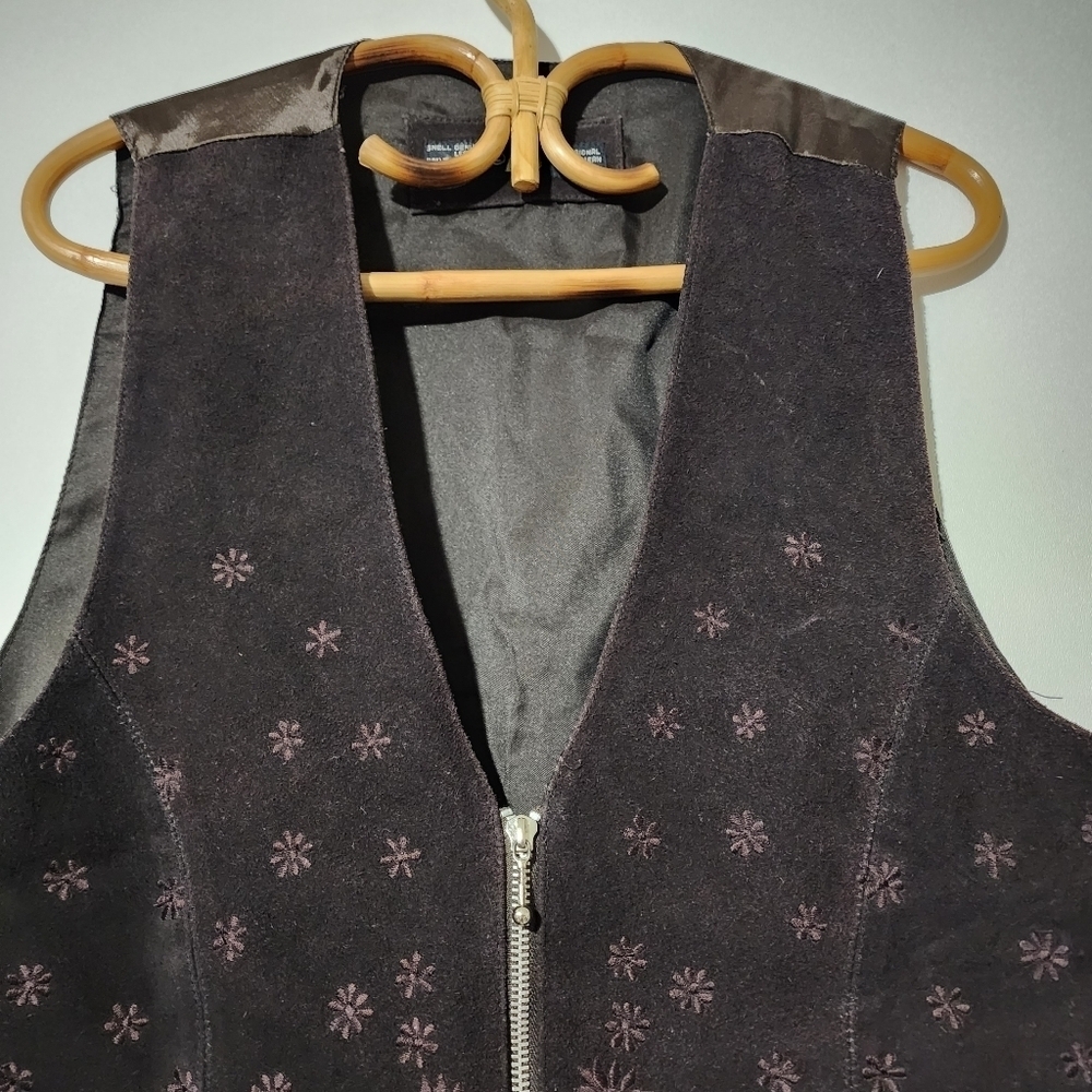 VINTAGE AJ 60s/70s Brown Leather Wildflower Zip Vest | Western Boho Hippie L - Picture 7 of 10